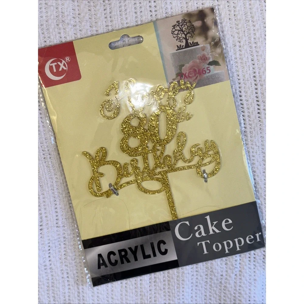 80th Birthday Cake Topper Double Side Glitter Gold Birthday Decorations NEW
